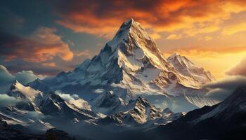 AI generated Majestic mountain peak, snow capped, sunset, panoramic beauty in nature generated by AI photo