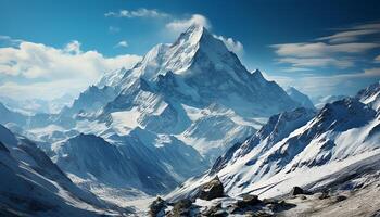 ai generado majestuoso montaña cima, nieve cubierto, azul cielo, asombroso paisaje generado por ai foto