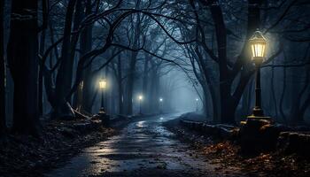 AI generated Spooky forest, dark night, foggy mystery, autumn eerie beauty generated by AI photo