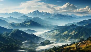 ai generado majestuoso montaña cima, naturaleza belleza en tranquilo prado generado por ai foto