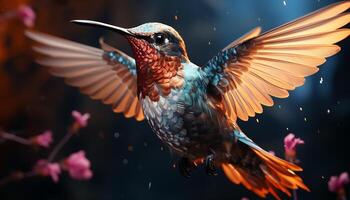 AI generated Hummingbird flying, vibrant colors, spread wings, beauty in nature generated by AI photo