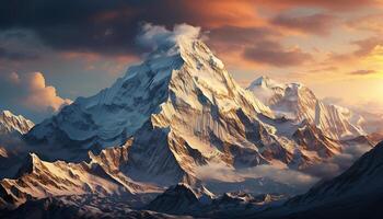 ai generado majestuoso montaña cima, nevado y silueta en contra el puesta de sol cielo generado por ai foto