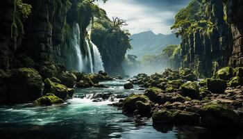 AI generated Majestic mountain range, tranquil scene, flowing water, natural beauty generated by AI photo