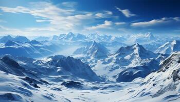 AI generated Majestic mountain peak, snow covered landscape, tranquil scene, frozen beauty generated by AI photo