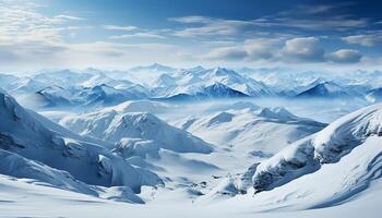 ai generado majestuoso montaña cima, nieve cubierto paisaje, tranquilo escena, congelado belleza generado por ai foto