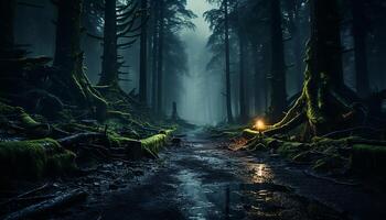 Mysterious forest, dark and spooky, autumn leaves on branch generated by AI photo