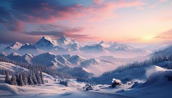 ai generado majestuoso montaña cima, tranquilo invierno paisaje, nieve cubierto bosque generado por ai foto