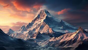 AI generated Majestic mountain peak, snow covered, sunset sky, panoramic beauty in nature generated by AI photo