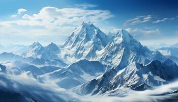 AI generated Majestic mountain peak, blue sky, tranquil meadow, frozen beauty generated by AI photo