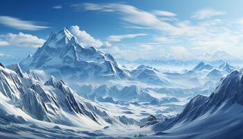 AI generated Majestic mountain peak, blue sky, snow covered landscape, tranquil nature generated by AI photo