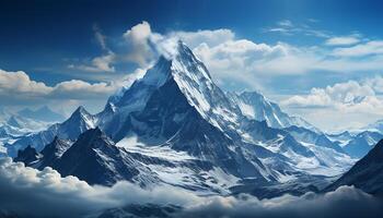 Majestic mountain peak, snow covered landscape, blue sky, tranquil scene generated by AI photo