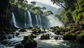 ai generado majestuoso cascada fluye mediante lozano verde bosque en tropical paraíso generado por ai foto