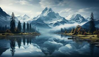 AI generated Tranquil scene Majestic mountain peak reflects in serene pond generated by AI photo