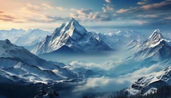 AI generated Majestic mountain peak, snow covered landscape, panoramic beauty in nature generated by AI photo