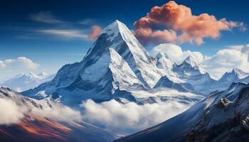 ai generado majestuoso montaña cima, nieve cubierto paisaje, azul cielo, asombroso belleza generado por ai foto