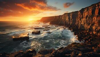 ai generado majestuoso puesta de sol terminado acantilado, línea costera, y tranquilo aguas generado por ai foto