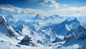 AI generated Majestic mountain peak, snow covered landscape, tranquil scene, frozen beauty generated by AI photo