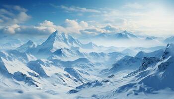 AI generated Mountain peak covered in snow, blue sky, tranquil nature backdrop generated by AI photo
