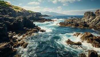 AI generated Tranquil coastline, rocky cliffs, waves splashing, sunset over water generated by AI photo