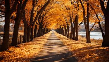 ai generado otoño árbol, hoja, y luz de sol crear un vibrante bosque paisaje generado por ai foto