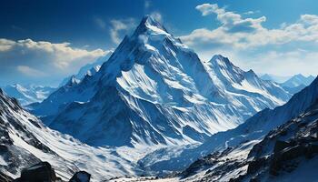 AI generated Majestic mountain peak, snow capped, tranquil nature beauty in panoramic view generated by AI photo