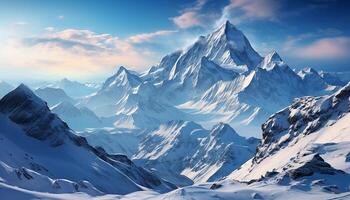 AI generated Majestic mountain peak, blue sky, and snowy landscape create beauty generated by AI photo
