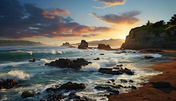 AI generated Majestic rock cliffs eroded by breaking waves at sunset generated by AI photo