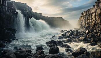 AI generated Majestic rock cliff, spray of wave, sunset over coastline generated by AI photo