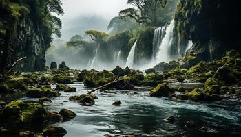 AI generated Majestic mountain waterfall flowing through lush tropical rainforest generated by AI photo