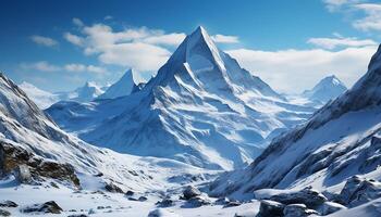 AI generated Majestic mountain peak, blue sky, tranquil scene, frozen water generated by AI photo