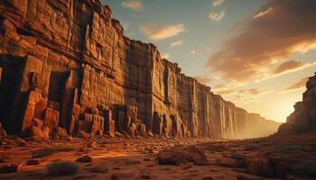 AI generated Sunset over majestic eroded cliffs, a tranquil seascape of beauty generated by AI photo