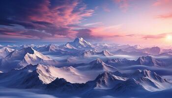 ai generado majestuoso montaña cima, puesta de sol cielo, nieve tapado rango, tranquilo naturaleza generado por ai foto