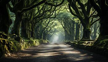 ai generado tranquilo bosque camino revela misterioso belleza en naturaleza oscuro misterios generado por ai foto