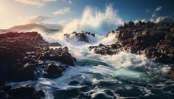 ai generado puesta de sol terminado el línea costera, olas estrellarse, naturaleza belleza reflejado generado por ai foto