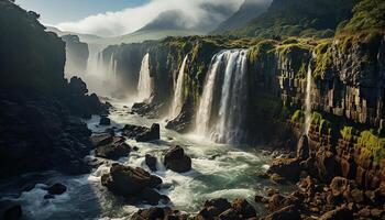 ai generado majestuoso montaña rango, fluido agua, tranquilo escena, naturaleza belleza generado por ai foto