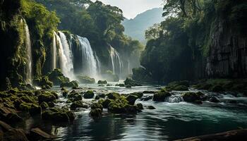 AI generated Majestic tropical rainforest, flowing water, rapid, tranquil scene, natural beauty generated by AI photo