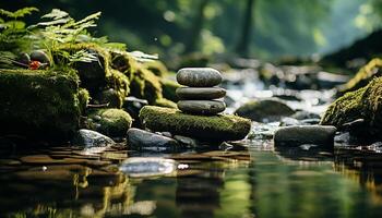 Tranquil scene rock stack reflects harmony in nature balance generated by AI photo