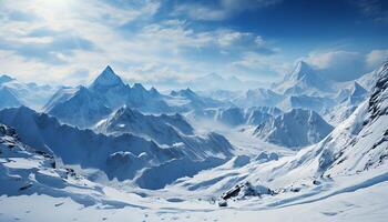 AI generated Majestic mountain range, frozen landscape, tranquil scene, snowing outdoors generated by AI photo