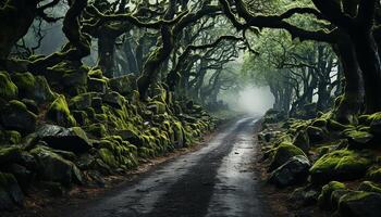 AI generated Mysterious fog blankets dark forest, spooky footpath reveals nature secrets generated by AI photo