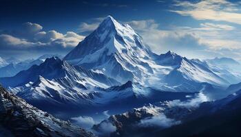 AI generated Majestic mountain peak, snow covered landscape, tranquil scene, awe inspiring beauty generated by AI photo