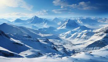 AI generated Majestic mountain peak, snow covered landscape, tranquil scene, blue sky generated by AI photo