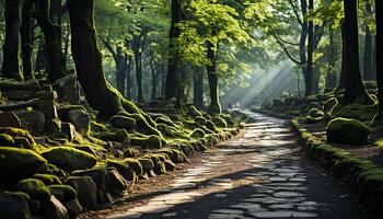 ai generado tranquilo otoño bosque, misterioso camino, desvanecimiento dentro el verde generado por ai foto