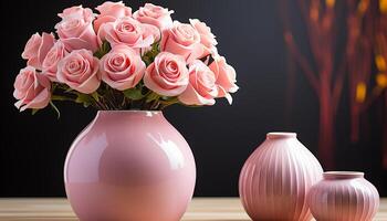 AI generated A beautiful pink flower bouquet decorates the table indoors generated by AI photo