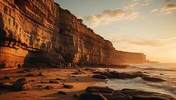 AI generated Majestic sandstone cliff, tranquil coastline, sunset paints nature beauty generated by AI photo