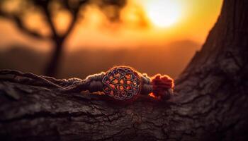 ai generado puesta de sol terminado el bosque, naturaleza belleza atado en un cuerda generado por ai foto
