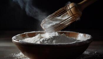 AI generated Homemade bread dough mixing in rustic wooden bowl generated by AI photo