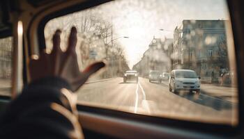 ai generado conducción mediante el ciudad a noche, gotas de lluvia difuminar el ver generado por ai foto