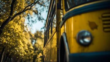 ai generado conducción un antiguo amarillo autobús mediante el otoño bosque generado por ai foto