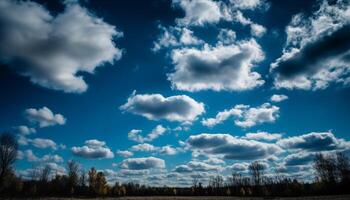 ai generado brillante azul cielo, mullido nubes, vibrante verde prado, tranquilo puesta de sol generado por ai foto