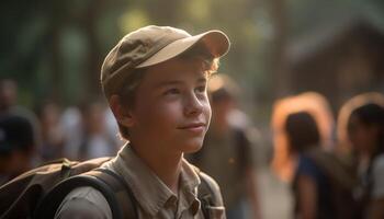 ai generado sonriente Niños y hombres en naturaleza, mirando a cámara felizmente generado por ai foto